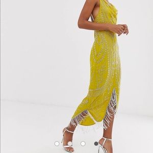 cowl neck midi dress with fringe hem